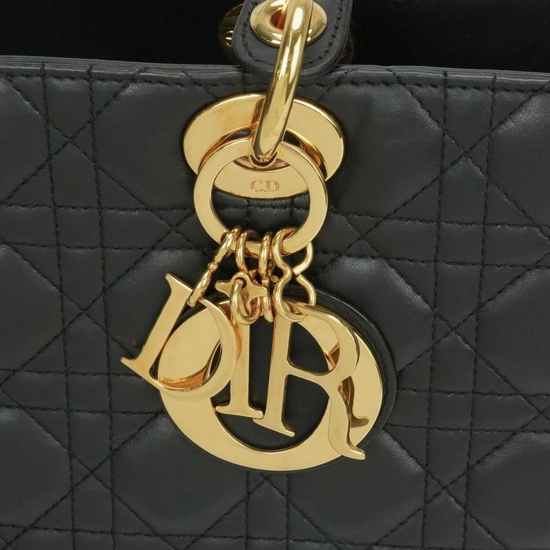 Christian DIOR Large LADY DIOR Cannage Bag Tote Bag Leather Black Gold Hardware