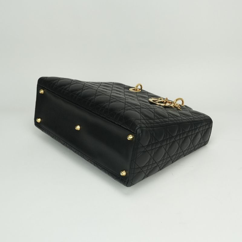 Christian DIOR Large LADY DIOR Cannage Bag Tote Bag Leather Black Gold Hardware