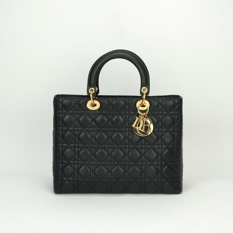 Christian DIOR Large LADY DIOR Cannage Bag Tote Bag Leather Black Gold Hardware