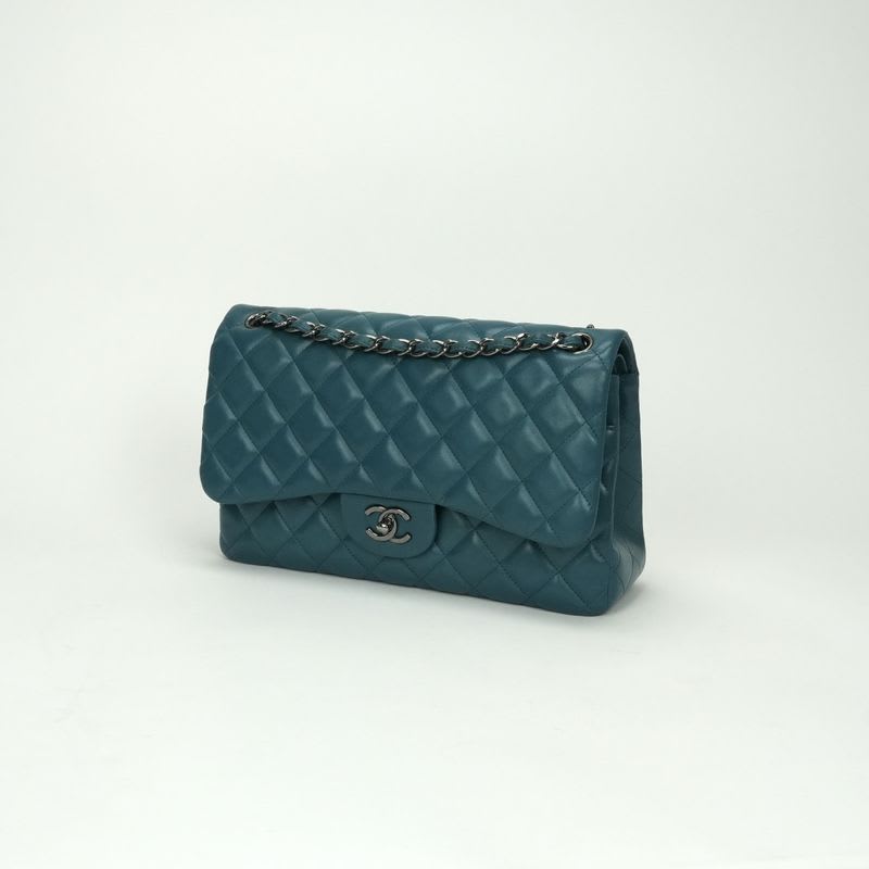 Chanel Quilted 30 big Bag Shoulder Lambskin Blue Silver