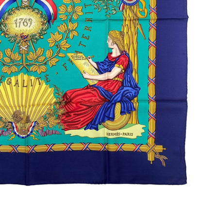 Hermes Scarf Carre 90 in Commemoration Of The French Revolution Silk Blue