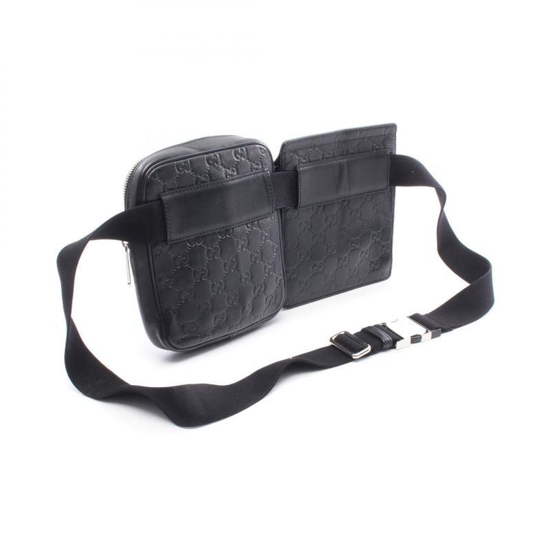 Gucci Waist Bag Guccissima Double Pouch Belt Bag 495450 Black Leather Guccissima