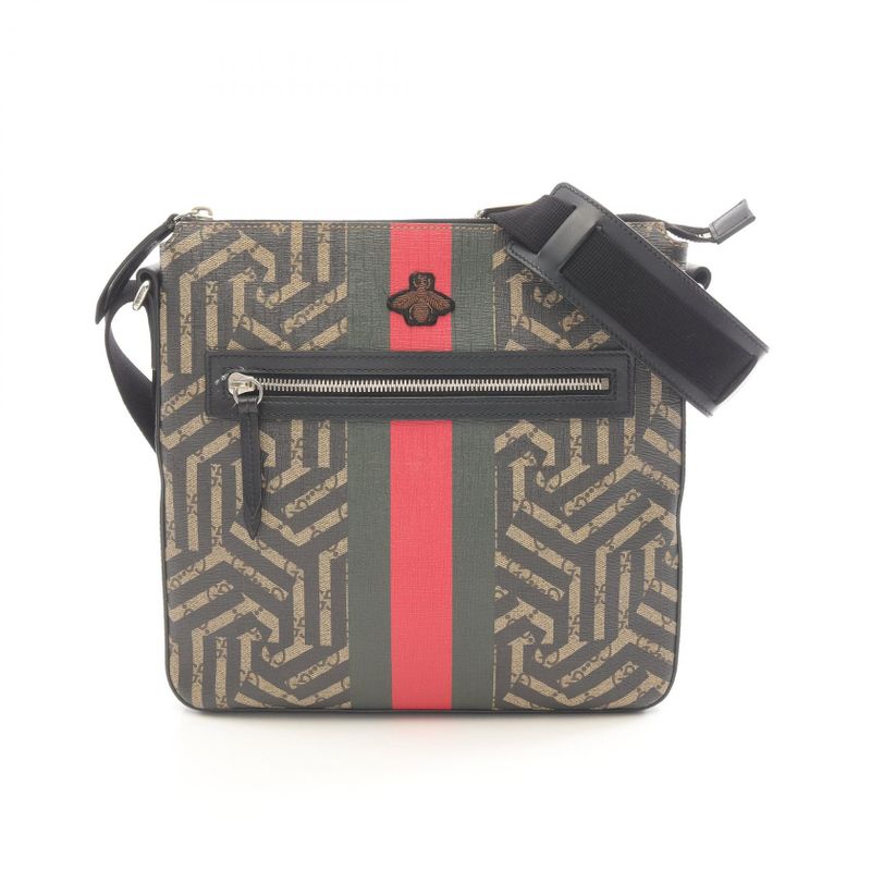 Gucci Shoulder Bag GG Kaleido Bee 471466 Black Beige PVC Coated Canvas Leather