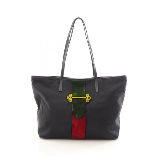 Prada Tote Bag Cahier Trompe L'oeil Black Green Red Nylon Saffiano Leather