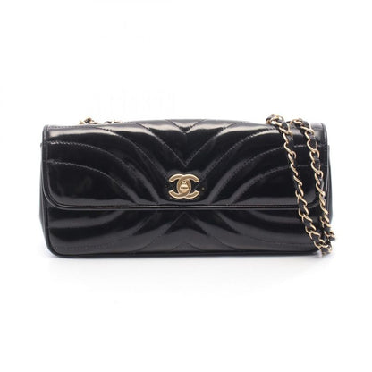 Chanel Shoulder Bag Coco Mark Wave Stitch Black Patent Leather Chain Shoulder