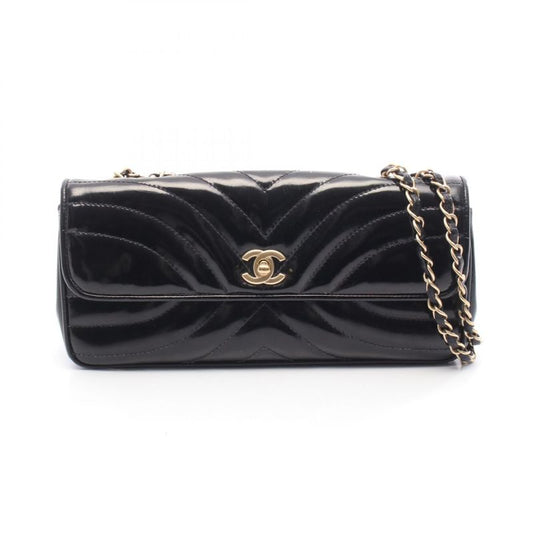 Chanel Shoulder Bag Coco Mark Wave Stitch Black Patent Leather Chain Shoulder