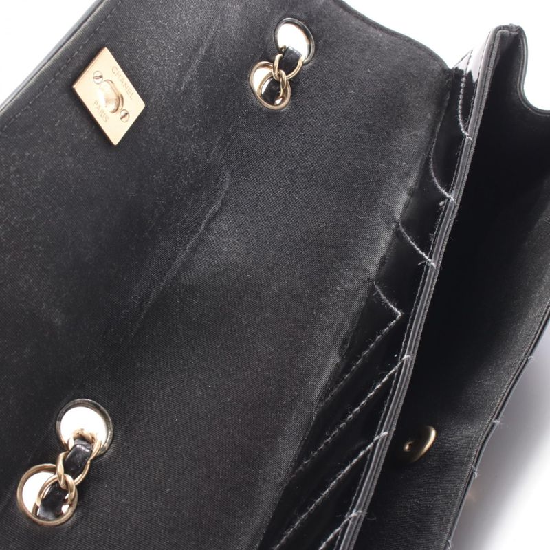 Chanel Shoulder Bag Coco Mark Wave Stitch Black Patent Leather Chain Shoulder