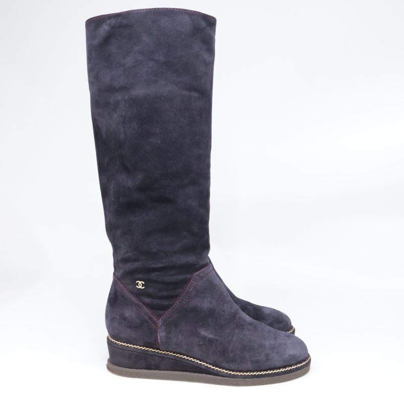 Chanel G31295 Coco Mark Chain Stitch Design Suede Long Boots 36