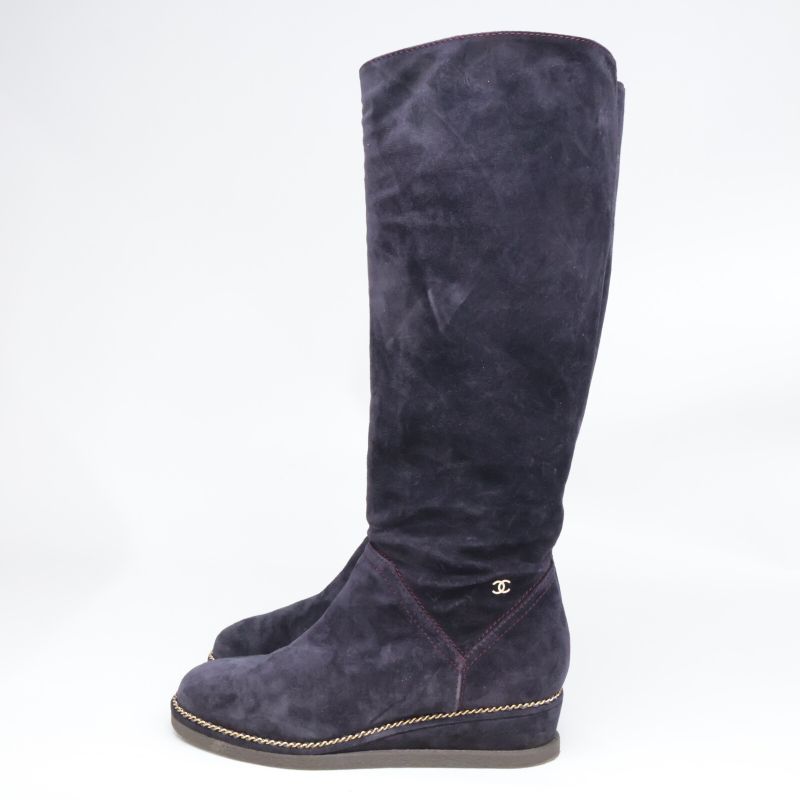 Chanel G31295 Coco Mark Chain Stitch Design Suede Long Boots 36