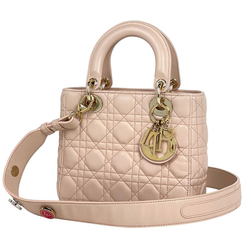 Christian Dior Lady Dior Cannage 2WAY Shoulder Bag Handbag Leather Pink Ladies