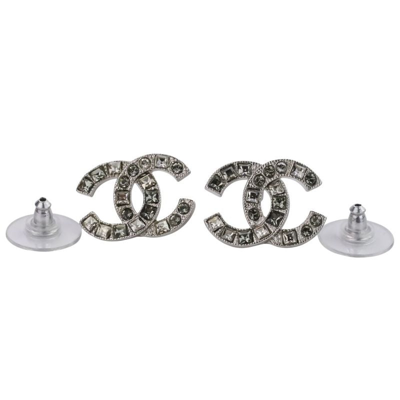V Chanel Rhinestone Coco Mark Earrings Silver Color Ladies Used