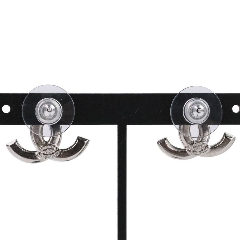 V Chanel Rhinestone Coco Mark Earrings Silver Color Ladies Used