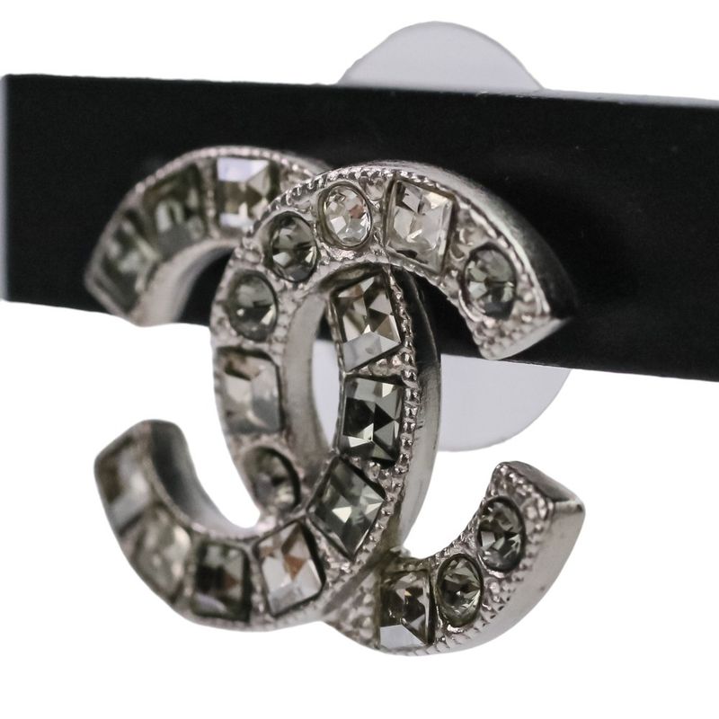 V Chanel Rhinestone Coco Mark Earrings Silver Color Ladies Used