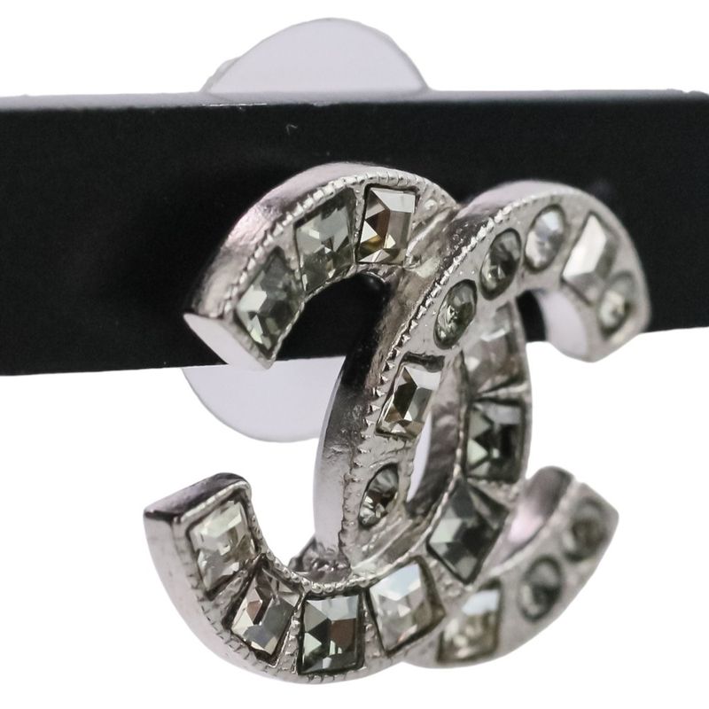 V Chanel Rhinestone Coco Mark Earrings Silver Color Ladies Used