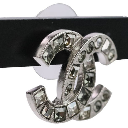 V Chanel Rhinestone Coco Mark Earrings Silver Color Ladies Used