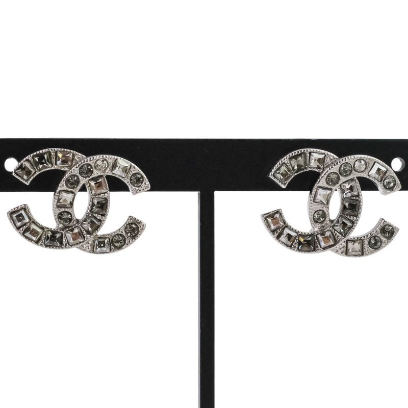 V Chanel Rhinestone Coco Mark Earrings Silver Color Ladies Used
