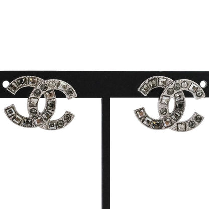 V Chanel Rhinestone Coco Mark Earrings Silver Color Ladies Used