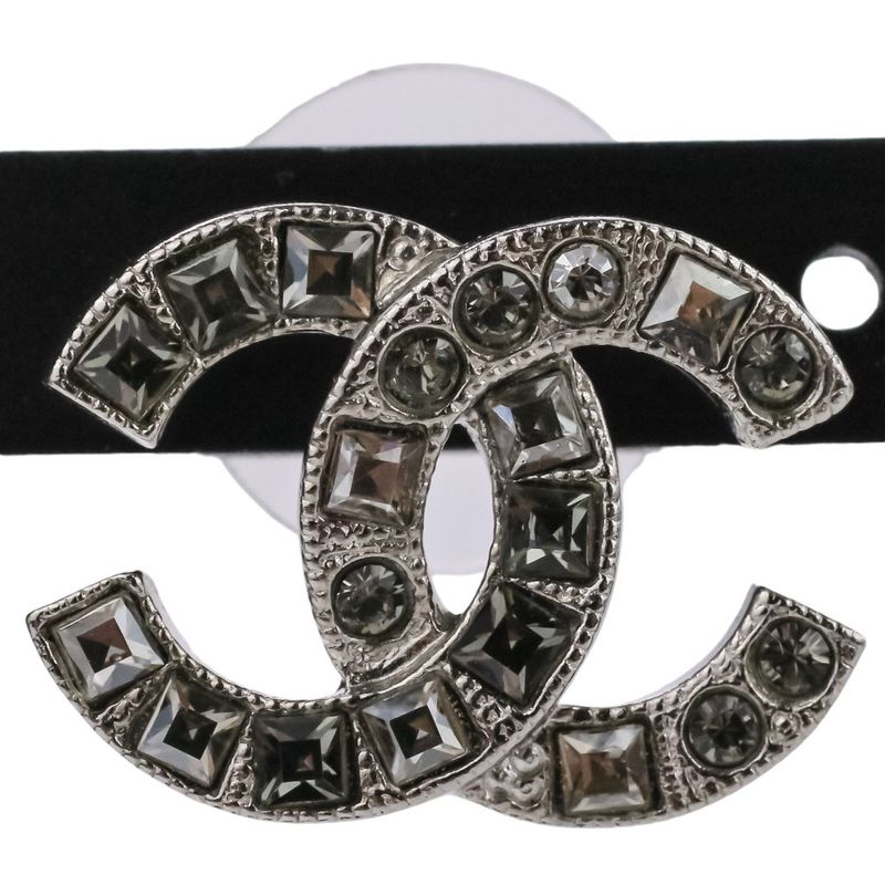 V Chanel Rhinestone Coco Mark Earrings Silver Color Ladies Used