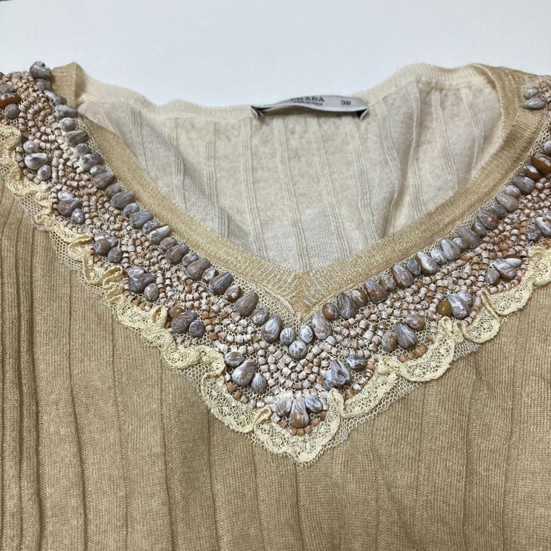 Prada Bijou Neck Rib Knit Sweater Size 38 Beige Ladies Used