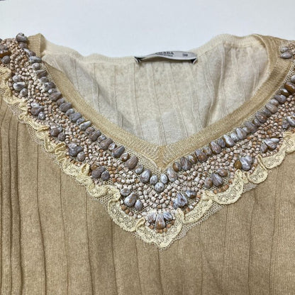 Prada Bijou Neck Rib Knit Sweater Size 38 Beige Ladies Used