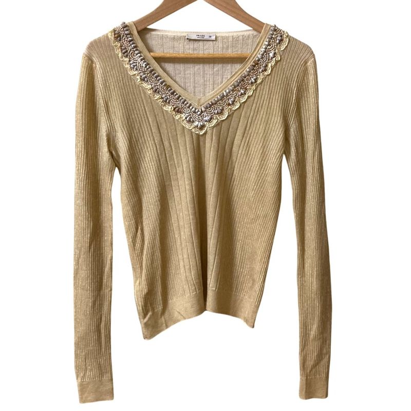 Prada Bijou Neck Rib Knit Sweater Size 38 Beige Ladies Used