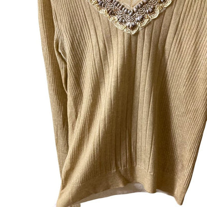 Prada Bijou Neck Rib Knit Sweater Size 38 Beige Ladies Used