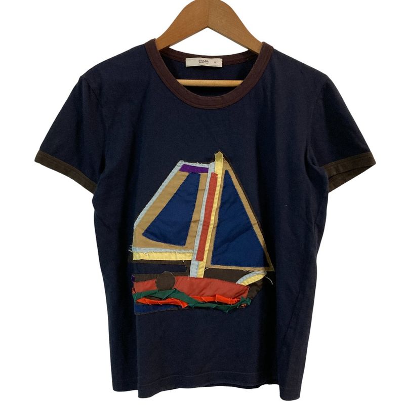 Prada Short Sleeve Sailing Ship Embroidery T-shirt Size S Navy Ladies Used