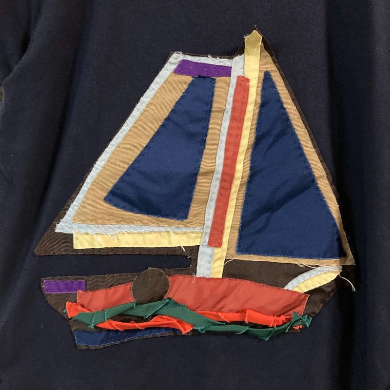 Prada Short Sleeve Sailing Ship Embroidery T-shirt Size S Navy Ladies Used