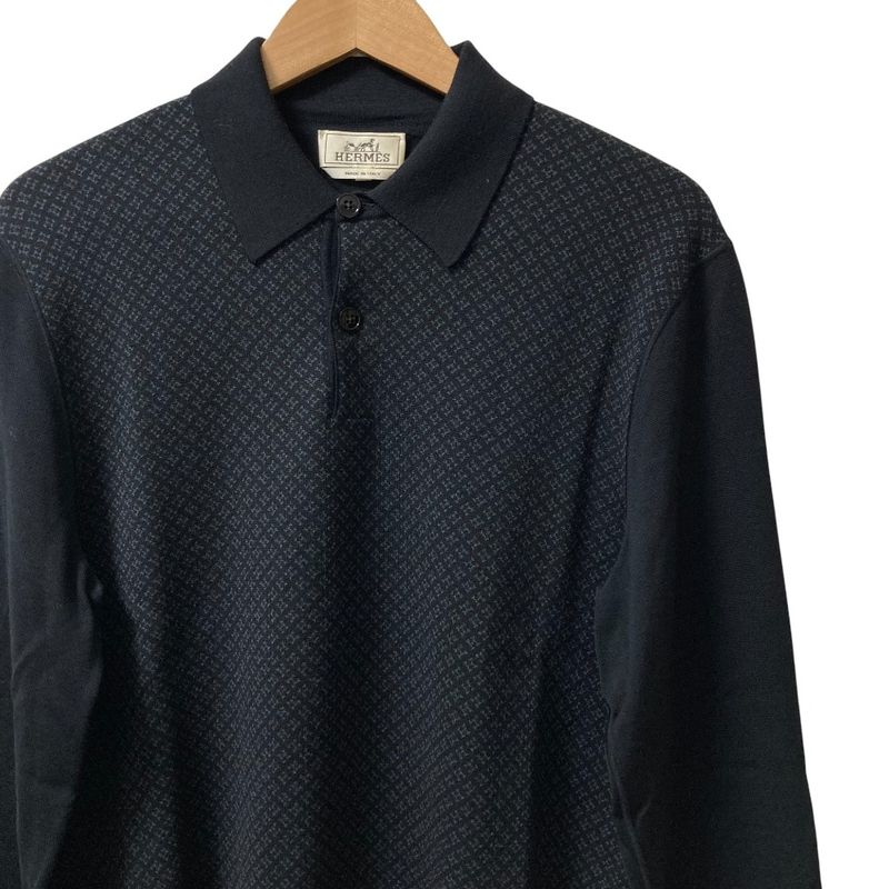 Hermes H Pattern Long Sleeve Long Sleeve Knit Polo Shirt Size M Black Men's Used
