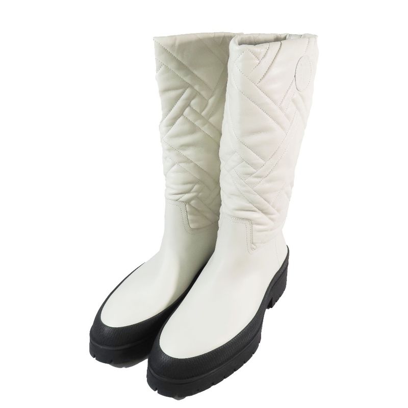 22aw Hermes FUJI Leather Long Boots Leather Exlibris Quilted H Logo Shoes Ivory