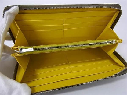 Celine Wallet Large Zip Wallet Greige Yellow Leather Unisex Round Zipper Long