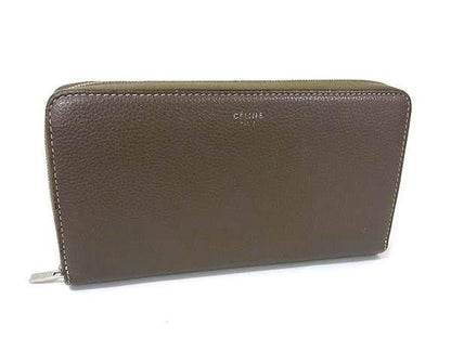 Celine Wallet Large Zip Wallet Greige Yellow Leather Unisex Round Zipper Long