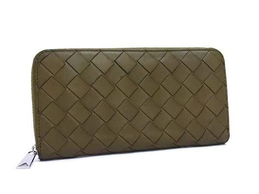 Bottega Veneta Wallet Intrecciato 749427 Khaki Leather Unisex Round Zipper Long