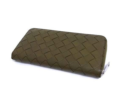 Bottega Veneta Wallet Intrecciato 749427 Khaki Leather Unisex Round Zipper Long