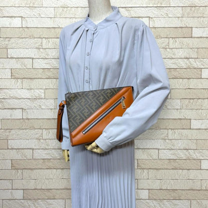 Fendi Diagonal Flat Slim Clutch Zucca Second Bag Leather 7va491 Brown Men's