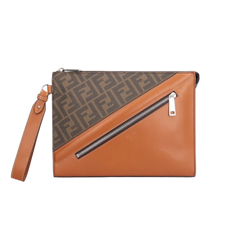Fendi Diagonal Flat Slim Clutch Zucca Second Bag Leather 7va491 Brown Men's