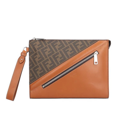 Fendi Diagonal Flat Slim Clutch Zucca Second Bag Leather 7va491 Brown Men's