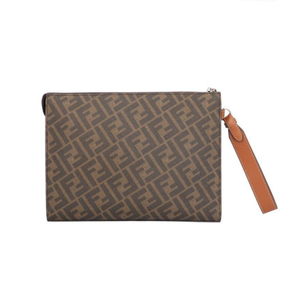 Fendi Diagonal Flat Slim Clutch Zucca Second Bag Leather 7va491 Brown Men's