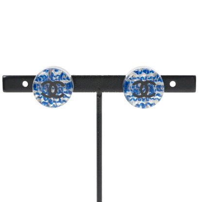 Chanel Earrings Blue Silver Coco Mark Resin Tweed