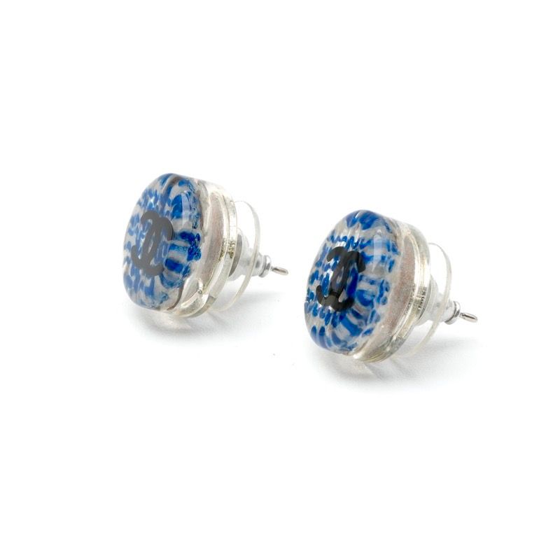Chanel Earrings Blue Silver Coco Mark Resin Tweed