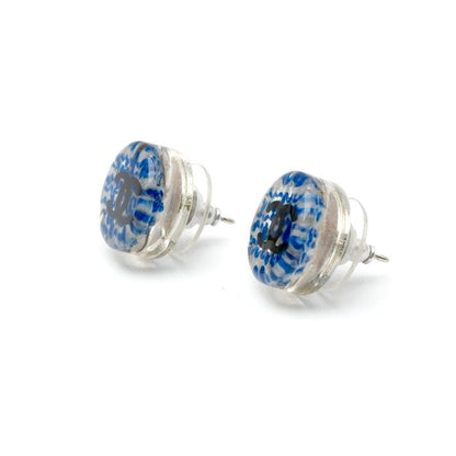 Chanel Earrings Blue Silver Coco Mark Resin Tweed