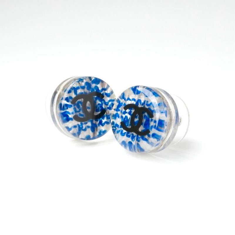Chanel Earrings Blue Silver Coco Mark Resin Tweed