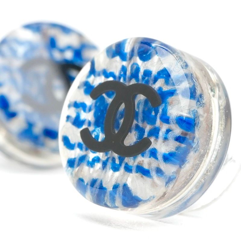 Chanel Earrings Blue Silver Coco Mark Resin Tweed