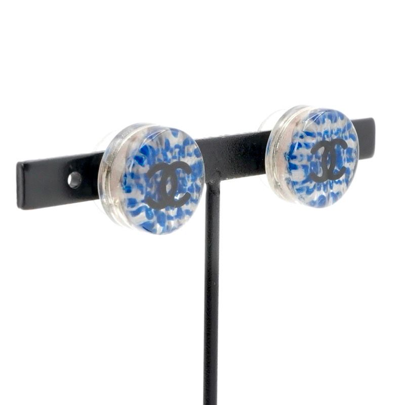 Chanel Earrings Blue Silver Coco Mark Resin Tweed