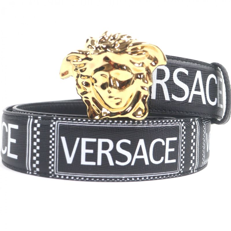 Versace Leather Medusa Buckle Logo All Over Pattern Belt Black Gold Hardware 85