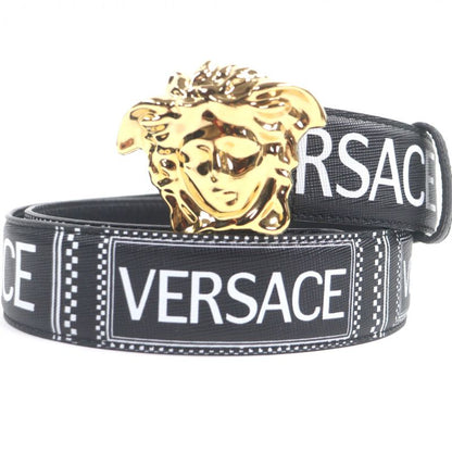 Versace Leather Medusa Buckle Logo All Over Pattern Belt Black Gold Hardware 85