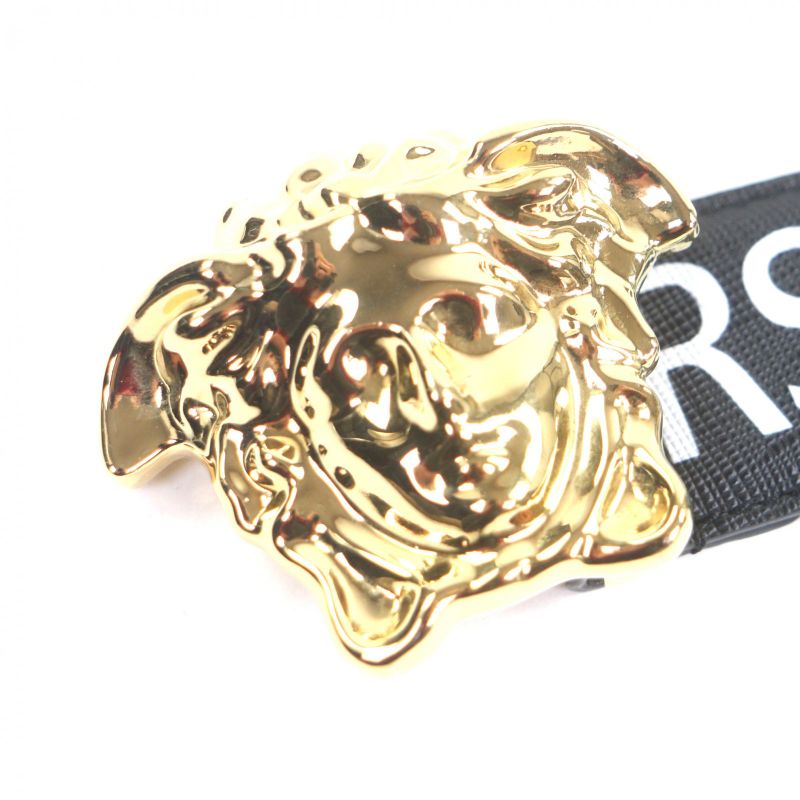 Versace Leather Medusa Buckle Logo All Over Pattern Belt Black Gold Hardware 85