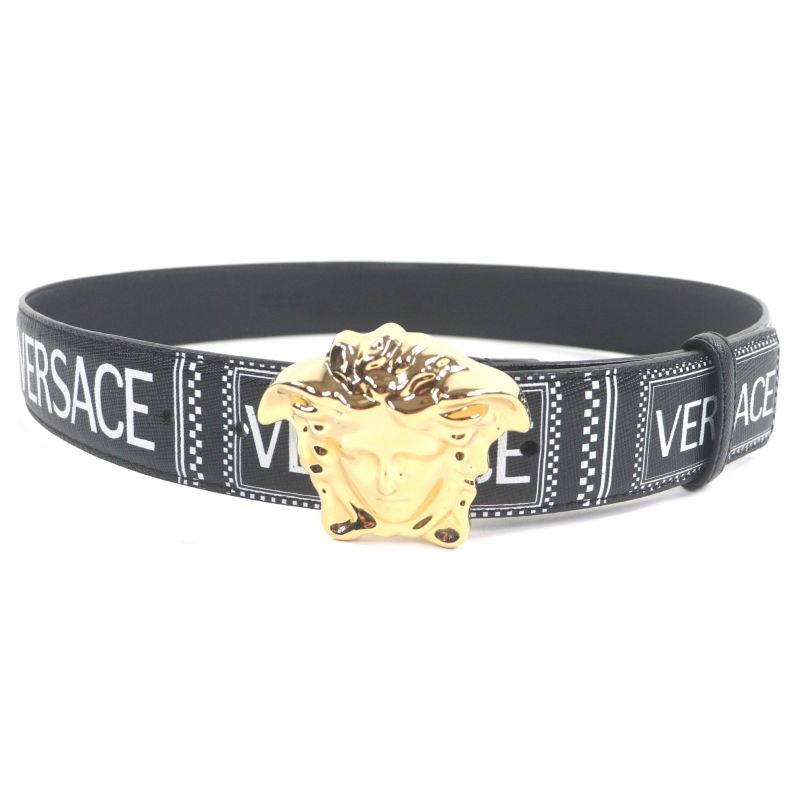Versace Leather Medusa Buckle Logo All Over Pattern Belt Black Gold Hardware 85
