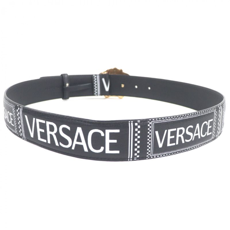 Versace Leather Medusa Buckle Logo All Over Pattern Belt Black Gold Hardware 85