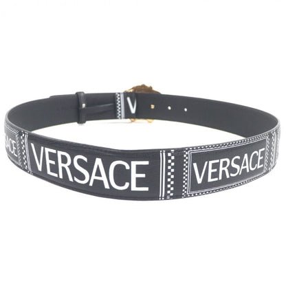 Versace Leather Medusa Buckle Logo All Over Pattern Belt Black Gold Hardware 85